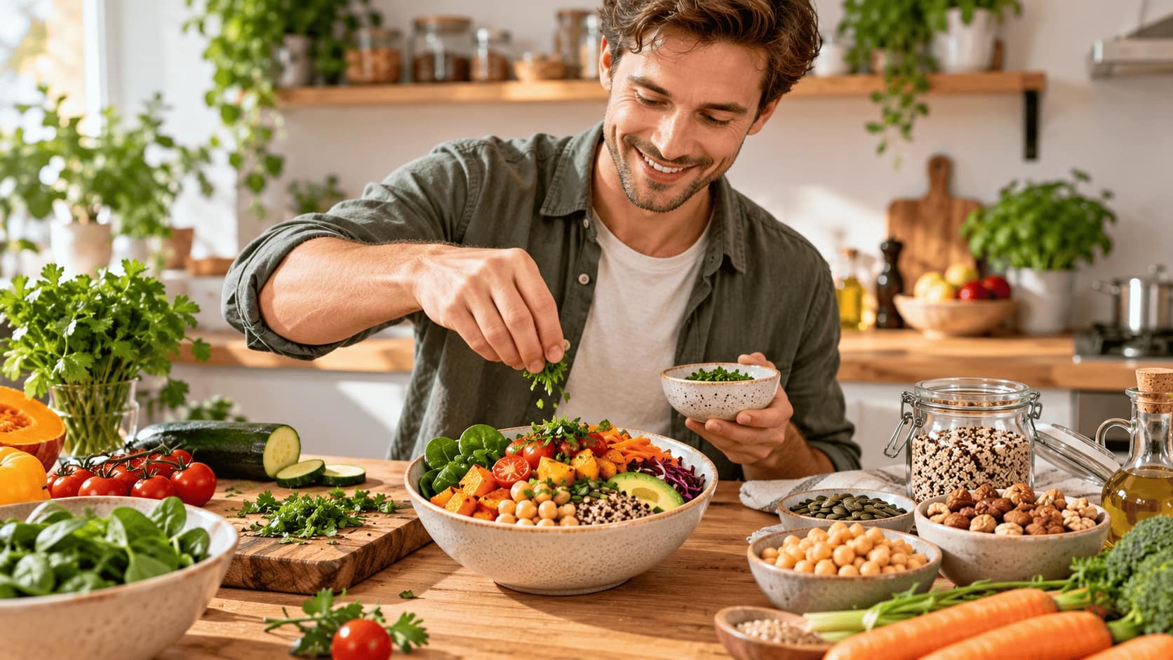 Junger Mann bereitet eine ausgewogene Mahlzeit mit Gemüse, Vollkornprodukten und Nüssen zu